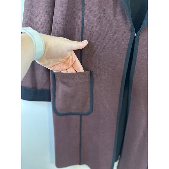 Misook Womens Burgundy Longsleeve Knit Open Duster Cardigan Contrast Trim Medium - Picture 4 of 9